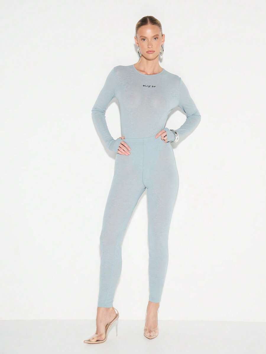 KIZN Quần legging dệt kim lưng cao có họa tiết logo nhỏ, thoải mái mặc hàng ngày - Xám - Xem 1
