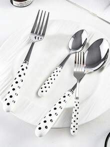 Madebyblanc 1PC/2PCS Ceramic Handle Stainless Steel Flatware Set, Polished Surface Cutlery With Dot Pattern Ceramic Handle Dessert Spoon, Dinner Fork, And Table Spoon - Creative Kitchen Tools Including Fork, Teaspoon, And Soup Spoon, Ideal For Daily Dining - Multicolor - View 2