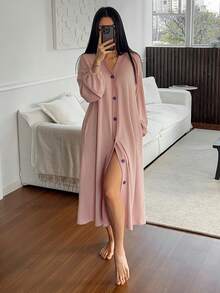 DAZY 条纹针织灯笼袖撞色纽扣装饰宽松长款女式睡袍