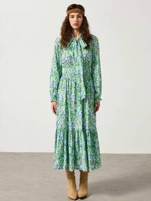 Silhoulove Women's Elegant Frill Trim Tie Neck Gathered Waist Flared Hem Long Sleeve Dress - Multicolor - View 4