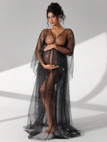 Cheriluna Maternity Váy đen cổ chữ V lưới mỏng cho bà bầu chụp ảnh - màu đen - Xem 4
