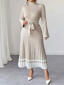 EMERY ROSE Plus Size Women Knitted Flare Sleeve Fitted Sweater Dress - Apricot - View 4