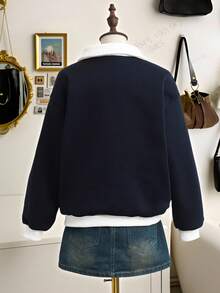 SHEIN 少女纯色撞色半开襟简约时尚卫衣，适合外出、上学、通勤、购物及其他日常场合。 - 藏蓝色 - 查看 2