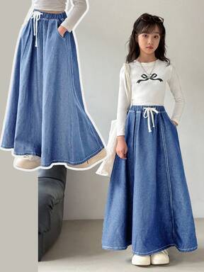 تنورة جينز طويلة جدًا مع خصر مشدود للفتيات المراهقات الكاجوال المغسولة