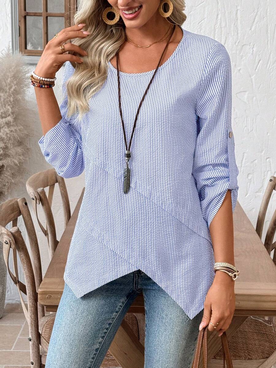 EMERY ROSE 女士圆领条纹印花不对称下摆休闲衬衫 - 藍白色 - 查看 1