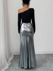 Elenzga Women's Elegant Asymmetrical Neckline Waist Pearl Decor Glossy Fabric Party Long Sleeve A-Line Dress, Autumn/Winter