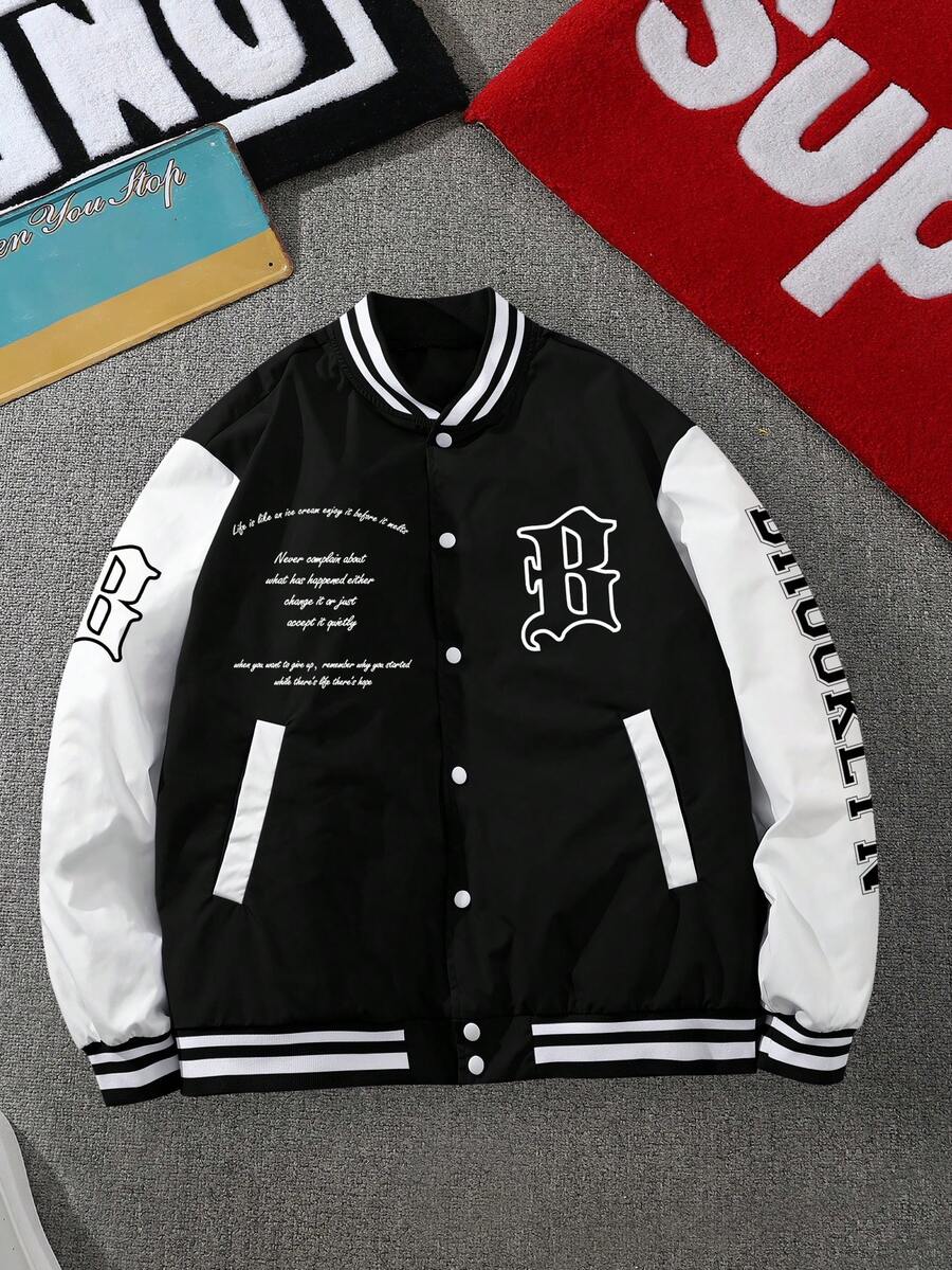 Manfinity Roghcode 宽松男士标语图案条纹饰边棒球夹克 - 黑色 - 查看 1