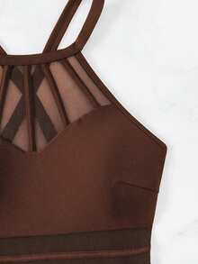 SHEIN Swim 女士纯色拼接网纱性感挂脖连体泳衣 - 咖啡棕 - 查看 7