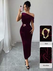 Modelyn Sexy Metallic Buckle Decor Sleeveless Ruched Fitted Velvet Maxi Party Dress For Women - Burgundy - View 7