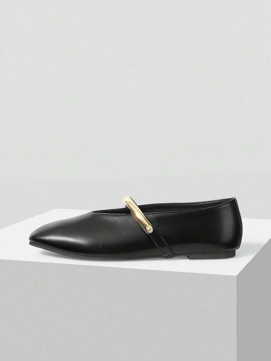 MOTF WOMEN'S FASHIONABLE ELEGANT ELEGANT OFFICE COMMUTE DAILY SIMPLE VERSATILE METAL DECOR FLAT SHOES VALENTINE'S DAY - Black - View 2