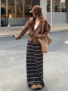 K-Vae Women's Casual Fashionable Versatile Slimming Double-Zipper Drawstring Hooded Sweatshirt, Spring/Autumn - Brown - View 2