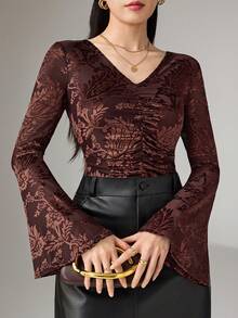 DAZY 女士优雅通勤纯色提花喇叭袖长袖衬衫 - 咖啡棕 - 查看 5