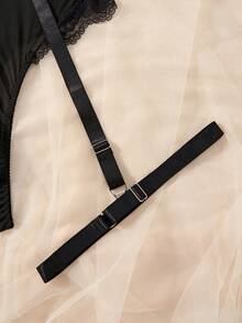 Plus Contrast Lace Mesh Harness Garter Lingerie Set - Black - View 7