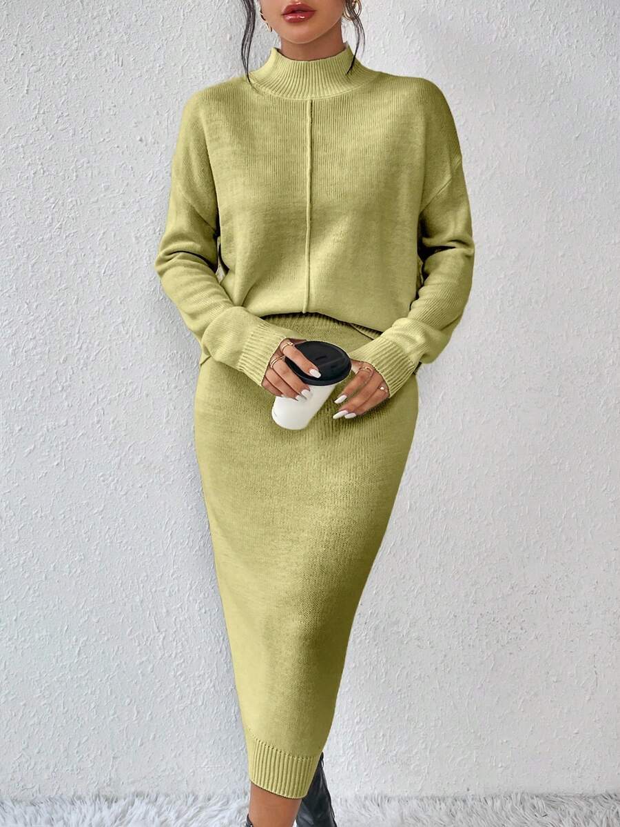 RosyDaze Bộ đồ thường ngày áo len cổ lọ tay dài phối chân váy dệt kim màu trơn dành cho nữ - Màu be - Xem 1