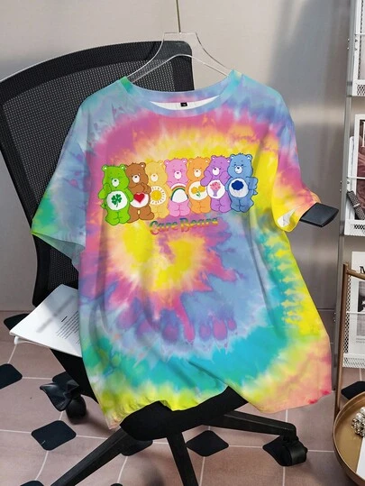 SHEIN X Care Bears Plus Size Summer Casual Tie-Dye Bear Print Round Neck Short Sleeve T-Shirt