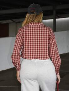 Arliah Women's Fall Streetwear Vintage Preppy Crop Plaid Loose Crop Tops Red Shirt - Red - View 2