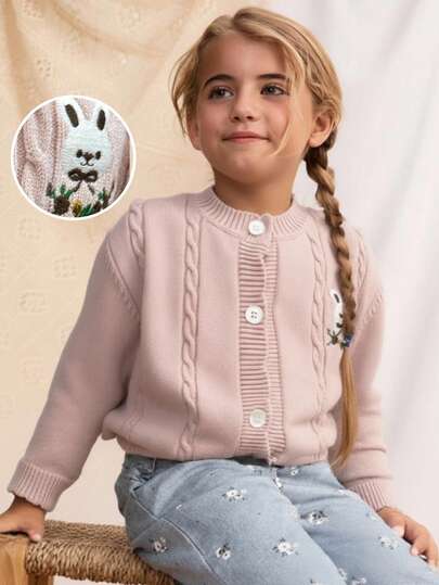 Blossori Young Girls' French Elegant Rabbit Embroidery Ruffle Collar Button-Front Long Sleeve Knit Cardigan
