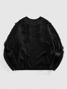 ROMWE MEN Grunge Punk Spring/Summer Casual Graphic Men'S Casual Solid Color Distressed Jacquard Knit Sweater, Autumn/Winter - Black - View 1