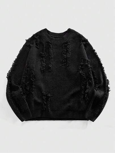 Street Life Maglione casual da uomo in maglia jacquard con effetto consumato, colore unito, adatto per autunno/inverno