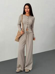 SHEIN PETITE 2pcs Women Casual Striped Front Button Long Sleeve Top And Wide Leg Pants Set, Spring And Summer 2 Piece Casual Sets Woman Comfortable Two Piece Set - Multicolor - View 7