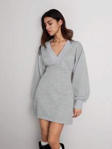 Easelle Casual Retro Cinched Waist Deep V Oversized Women Sweatshirt Dress Lounge Dress Sporty Dress - Grey - View 5