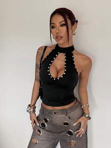 StreetHx 女士时尚性感黑色铆钉镂空露背吊带上衣 - 黑色 - 查看 5