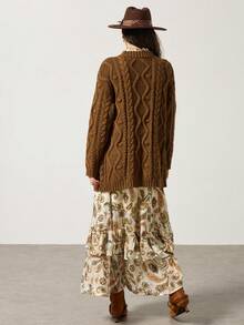 INAWLY Solva Women's Casual, Commute & Holiday Style Simple Solid Color Cable Knit Cardigan, Autumn/Winter - Coffee Brown - View 2