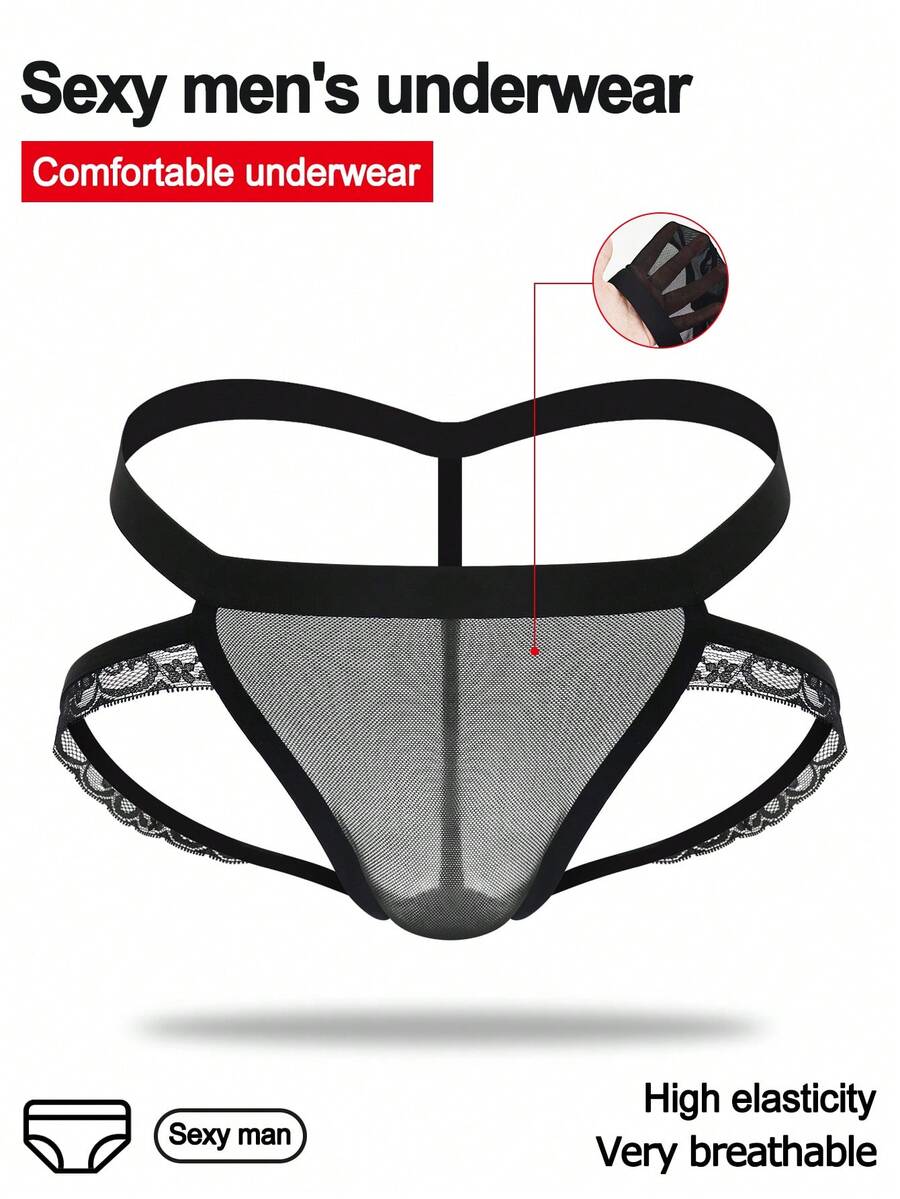DrisQ 1 Stück schwarze Spitzenborte Mesh atmungsaktive Mitteltaille Tanga Slips, sexy und verlockend für Herren