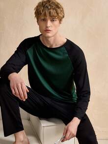 Manfinity Underwear&Sleepwear Basics 男士撞色拼接家居服套装，上衣和裤子，冬季服装 - 彩色 - 查看 5