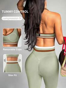 Dewbera Bộ đồ thể thao áo hở lưng và quần legging viền tương phản dành cho nữ - màu xanh lá - Xem 3