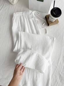 Comfortcana 大码女式纯色褶皱纹理宽松抽绳系腰阔腿休闲度假棉质长裤，夏季商务休闲女装 - 白色 - 查看 6