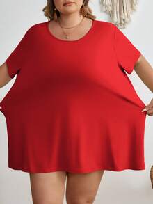 SHEIN CURVE+ Áo thun nữ tay ngắn cổ tròn trơn màu cỡ lớn/2026/Năm mới - Đỏ - Xem 3