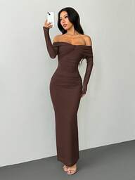SHEIN PETITE Vestido ombro a ombro com detalhe torcido em tule, modelagem ajustada, manga longa, ideal para encontros românticos, perfeito para mulheres de estatura baixa.