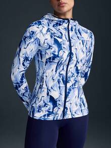 Powerista Women's Casual Full Print Zip-Up Hooded Sports Jacket, Autumn - Blue and White - View 3
