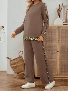 SHEIN LUNE 女士度假休闲豹纹拼接上衣和裤子两件套 - 卡其色 - 查看 6