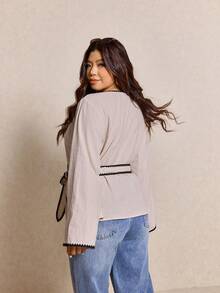 Elaquor Chemise marron à manches longues évasées avec volants pour femmes grandes tailles, convient pour les déplacements quotidiens