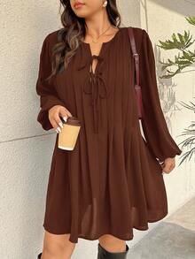 SHEIN Frenchy Plus Size Women's Casual, Vacation, Daily Commute Simple Solid Color Knot Front Lantern Sleeve Fold Pleated Loose Dress, Spring/Autumn - Coffee Brown - View 4