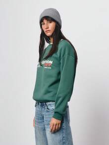 SURIMA Dark Green Women's Pullover Sweatshirt With Limited Edition Letter Print Round Neck Regular Length Raglan Long Sleeve Knitted Rib-Knit - Dark Green - View 3