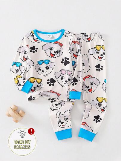 Young Boys Snug Fit Pajamas-2 Piece Pajama Set Cute Dog Sunglasses Print White Blue Trim Crew Neck Long Sleeve Top And Pants Elastic Waist Cozy Soft Breathable Sleepwear Four Seasons 2026 New Year Holiday Essential