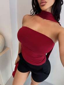 Shopreo Y2K 风格豹纹短款褶皱红色抹胸女装 - 酒紅色 - 查看 4