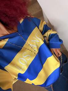 SHEIN Unity Sudadera holgada de mujer con cuello en V, estampado de letras y rayas, de felpa, para otoño/invierno - Azul - Ver 7