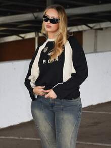 Arliah Tricou damă cu mânecă raglan, model casual, blocuri de culori, mânecă lungă, primăvară/toamnă - Negru - Vizualizare 5