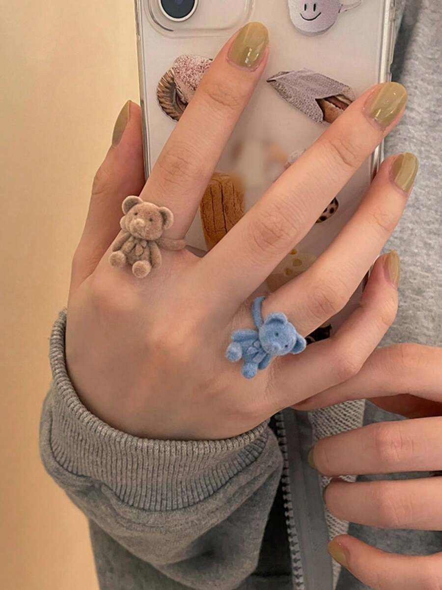 毛绒小熊卡通戒指，毛绒蝴蝶结可调节饰品，送给朋友的甜蜜礼物，时尚戒指，可爱动物戒指礼物 - 彩色 - 查看 1