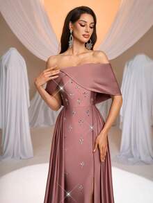 Aureia Women's Elegant Luxurious Stretch Knit & Satin Off Shoulder Mermaid Hem Dress With Sequins,Formal Evening Gown Glamorous Off Shoulder Formal Dresses - Brown - View 9