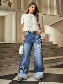 Selenza Jeans de mezclilla casual de mujer con dobladillo bordado y puños - Azul lavado oscuro - Ver 6