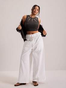 Freevana Plus Size Women Casual Drawstring Waist Loose Wide Leg Pants, Solid Color, Versatile For Vacation, Daily Commute White Pants  Casual Wide-Leg Pants - White - View 4
