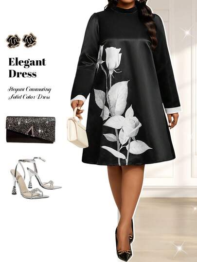 Fleurora Vestido elegante de manga larga con cuello Mao y estampado floral para mujer de talla grande