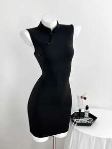 Elamini Women's Sexy And Elegant Black Sleeveless Mini Dress, Contrast Lace Open Back Cheongsam Collar, Elegant Outfit For Autumn/Winter, Versatile For Party Occasions. Suitable For Christmas Parties, New Year's Eve Parties And Valentine's Day.