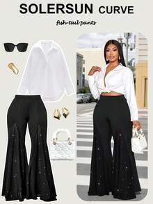 SOLERSUN 女士时尚优雅拼接闪亮雪纺开衩下摆黑色阔腿裤，适合工作、办公室穿着 - 黑色 - 查看 1