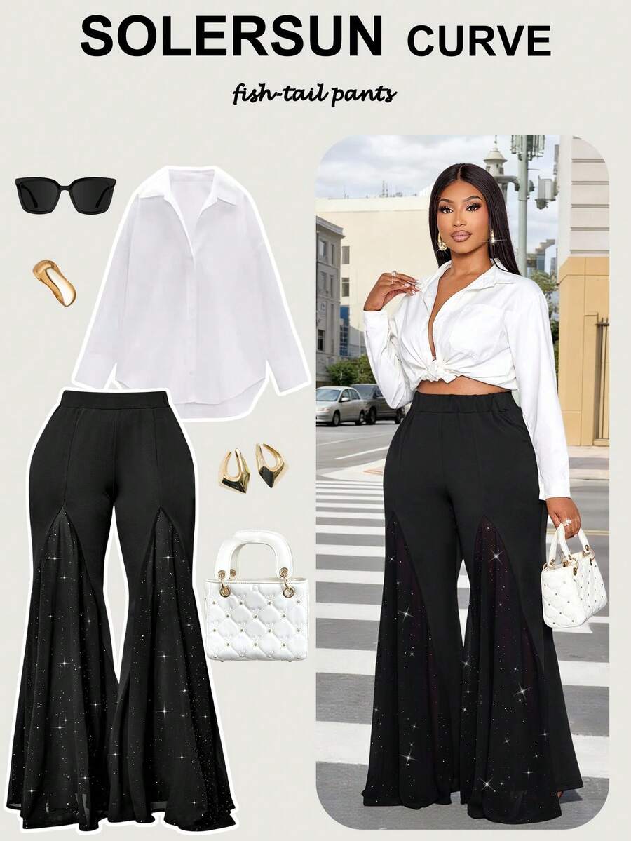 SOLERSUN 女士时尚优雅拼接闪亮雪纺开衩下摆黑色阔腿裤，适合工作、办公室穿着 - 黑色 - 查看 1